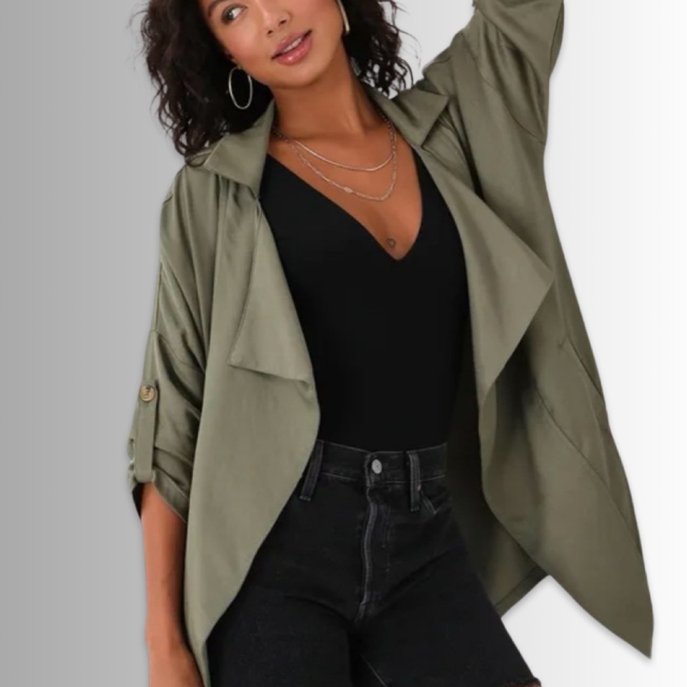 Lulus Lucky Break Olive Green Oversized Long Sleeve Jacket, 100% Tencel Sz Small